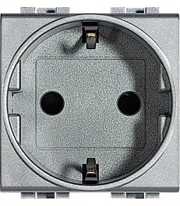 Розетка 2П + заземление (боков.) с защитными шторками, Bticino LivingLight (2 модуля), алюминий NT4141