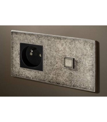 Выключатель однокнопочный с розеткой в сборе (в двойной рамке) Lithoss Select, Tin antique Ni310A19
